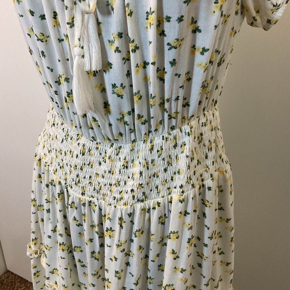 Justily Cream Green Floral Smocked Midi Sundress 1X Flutter Sleeve Cottagecore - Picture 5 of 7